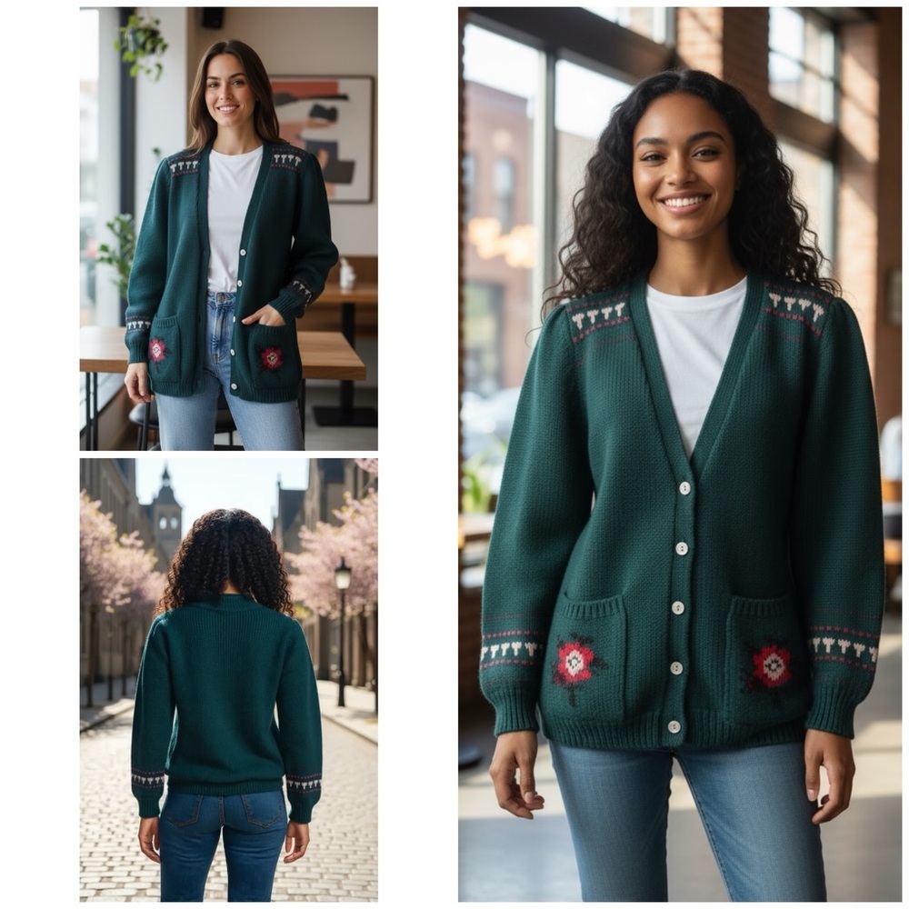 Vintage Jayson Younger 100% Wool Floral Cross Stitch Embroidered Green Cardigan 